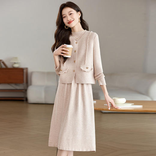 CC-QL-W8509针织连衣裙马甲两件套女秋冬裙子气质中长款毛衣裙套装 商品图3