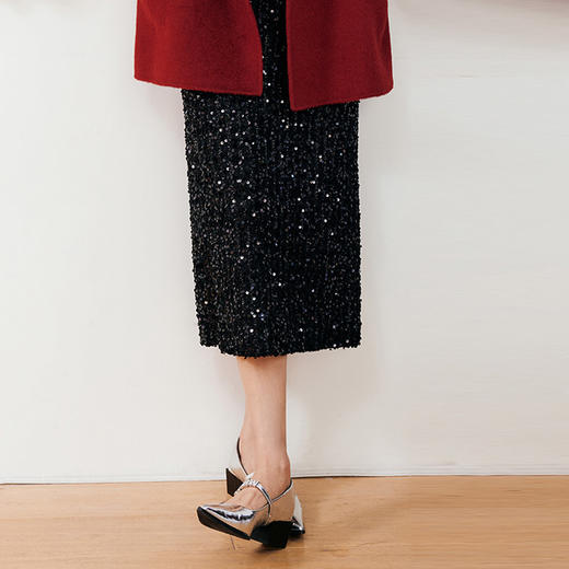 玳莎重工黑色珠片半裙女2024冬季新款流光高级松紧高腰中长裙开衩  ED34306 商品图1