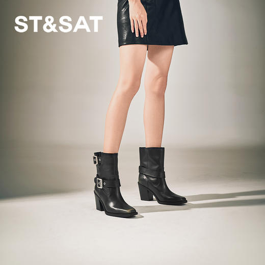 星期六复古擦色鞋面时髦粗跟牛仔靴SSC4116426 商品图1