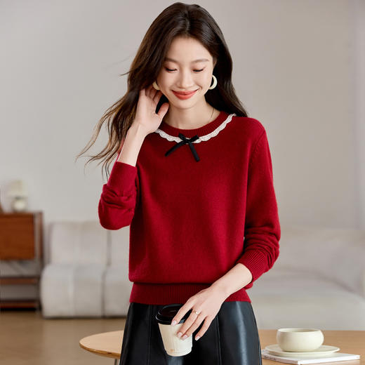 CC-QL-W8522小香风短款圆领毛衣女2024秋冬新款宽松外穿蝴蝶结针织衫打底上衣 商品图2