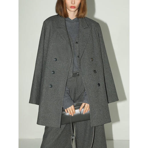 COCOBELLA格雷系假两件中长款羊毛大衣双排扣毛呢西装SI3036 商品图3