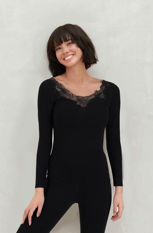 【保暖也要美】断码特价！柜上1099！爱mu甜美蕾丝刺绣V领柔暖内衣套装女 双面磨毛保暖发热棉质亲肤家居服 商品图3