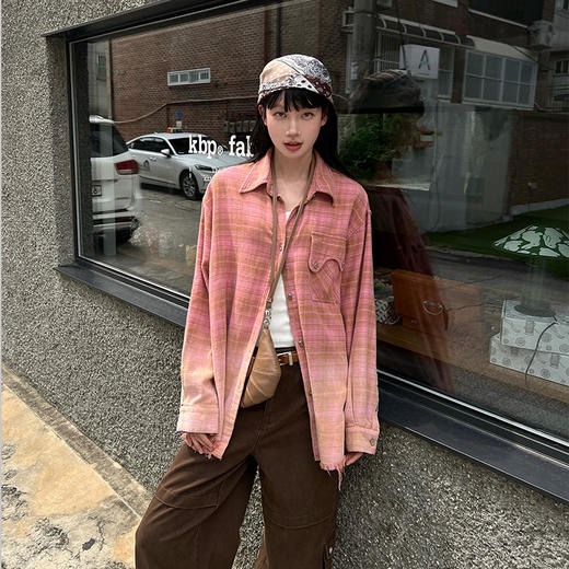 【顺丰包邮】01323 洛诗琳撞色格纹大口袋晕染水洗街头廓形衬衫495 商品图1