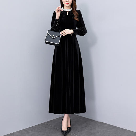 雀说赫本风金丝绒连衣裙新款立领镂空拼接胖mm显瘦小黑裙AL8877 商品图1