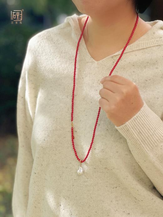 高含量朱砂圆珠长链+巴洛克珍珠吊坠、耳饰 商品图1
