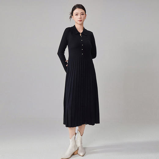 【hr】全新升级【铂金会员441/天猫599/差价158】(15533) 洛诗琳针织翻领百褶连衣裙女秋冬新款收腰显瘦中长款A字裙 商品图1