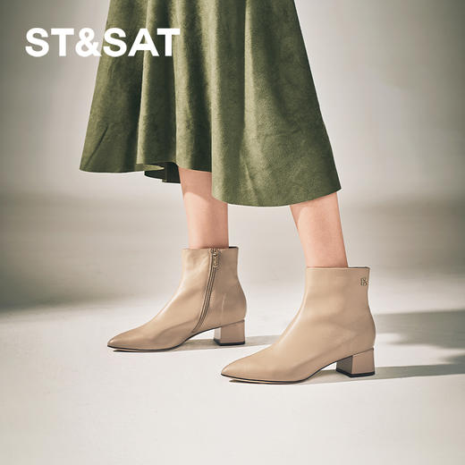 星期六时尚通勤压纹设计尖头粗跟短靴SSC4116418 商品图4