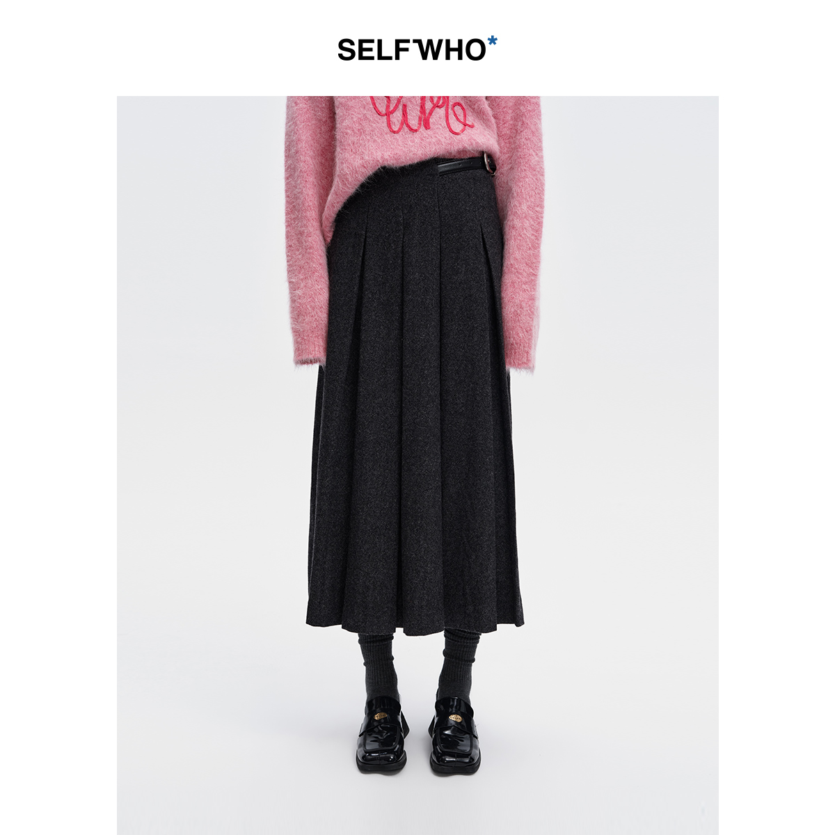 SELFWHO羊毛混纺灰色百褶半身裙女2024秋冬新款高腰宽松通勤a字裙