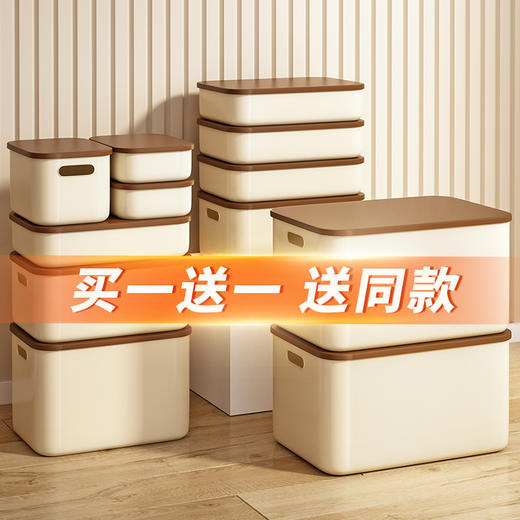 【买1送1】自带滤镜的奶油收纳盒 桌面整理客厅零食玩具置物篮 厨房杂物筐 长方形带盖储物箱 商品图0