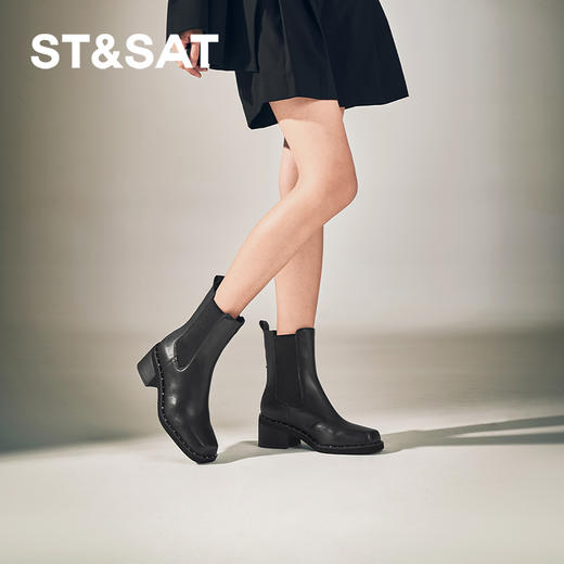 星期六时髦猪鼻头铆钉沿边粗跟切尔西SSC4116345 商品图0