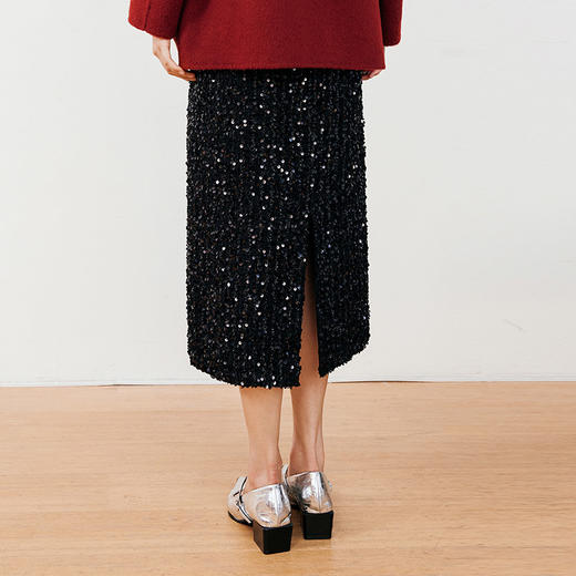 玳莎重工黑色珠片半裙女2024冬季新款流光高级松紧高腰中长裙开衩  ED34306 商品图3