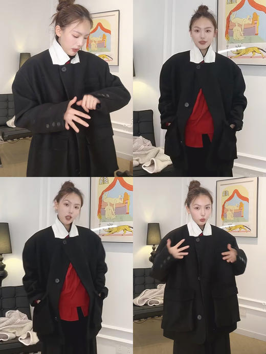 HIDEMI 【当当同款】极简大立体口袋设计感飞行员式领底呢手工式拼接宽肩大廓形绵羊毛厚款中短款毛呢西装大衣外套 商品图1