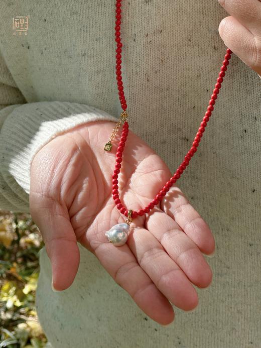 高含量朱砂圆珠长链+巴洛克珍珠吊坠、耳饰 商品图4