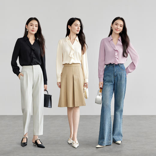 【内购】法式荷叶边V领衬衫女2025春季新款设计感上衣衬衣-57659 商品图3