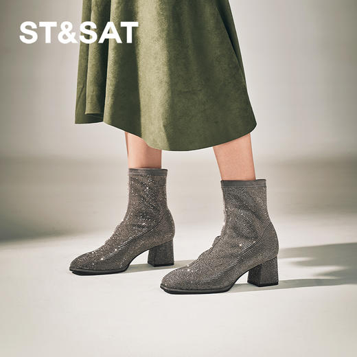 星期六精致细闪时尚粗跟瘦瘦靴SSC4116372 商品图4