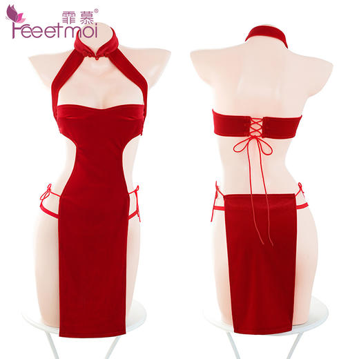 霏慕 高开衩分片绑带丝绒旗袍6701  古风国潮套装镂空长裙露背系带盘扣性感情趣内衣午夜魅力女士床上衣服 商品图12