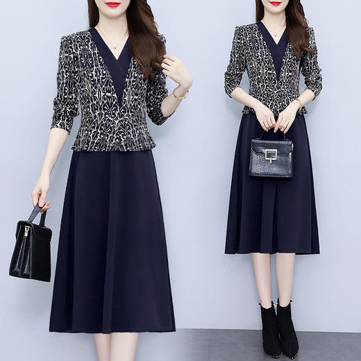 雀说新款时尚洋气V领拼接假两件减龄显瘦中长裙AL7575 商品图6