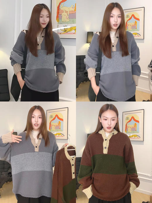 HIDEMI 进口澳洲美利奴羊毛趣味手绘拼色加厚款廓形松弛感亨利领大毛衣 蓝灰色\棕绿色 商品图1