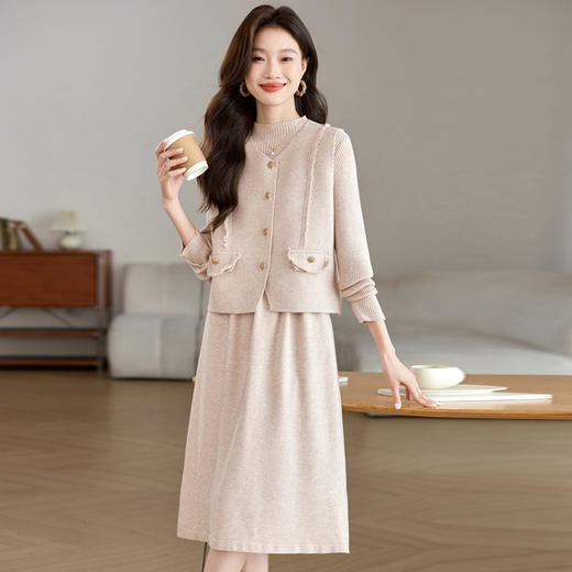 CC-QL-W8509针织连衣裙马甲两件套女秋冬裙子气质中长款毛衣裙套装 商品图0