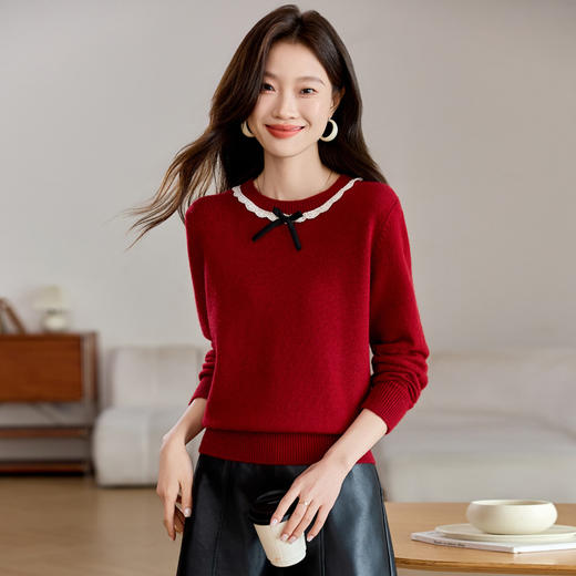 CC-QL-W8522小香风短款圆领毛衣女2024秋冬新款宽松外穿蝴蝶结针织衫打底上衣 商品图1