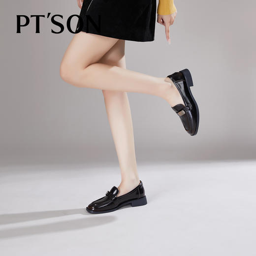 百田森PYQ2C728一脚蹬英伦乐福鞋春秋新低跟圆头通勤浅口黑色单鞋 商品图2