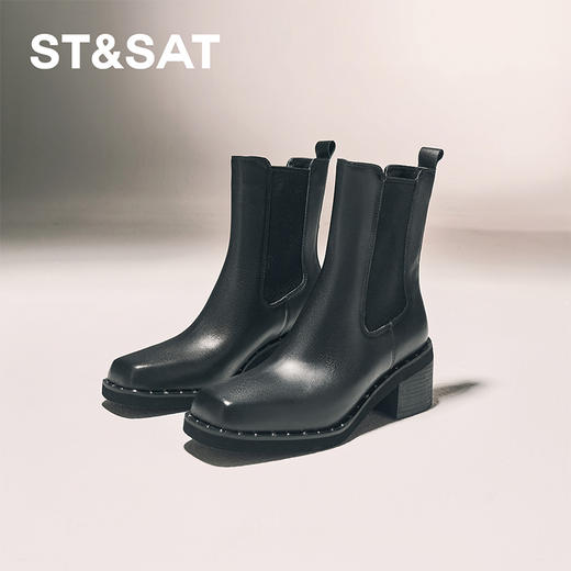 星期六时髦猪鼻头铆钉沿边粗跟切尔西SSC4116345 商品图4