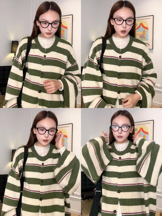 HIDEMI 【当当同款】进口羊驼毛混纺多股纱线条纹松弛感大廓形圆领纽扣开衫外套 黑灰条纹/绿紫条纹/棕绿条纹/灰粉条纹 商品图2