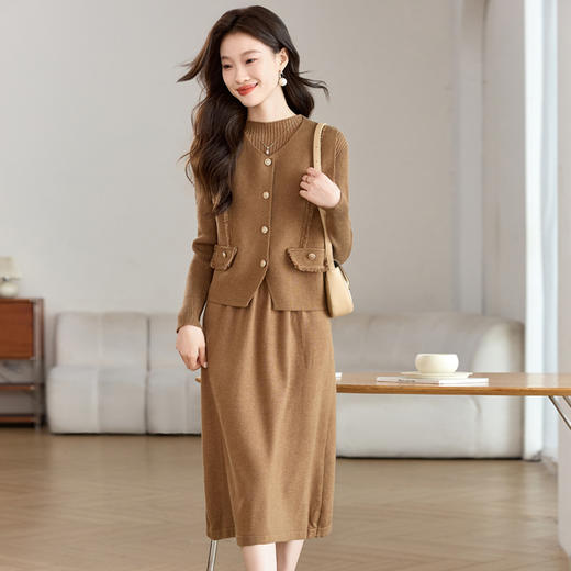 CC-QL-W8509针织连衣裙马甲两件套女秋冬裙子气质中长款毛衣裙套装 商品图1