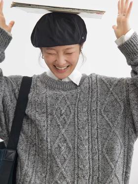 步履不停/4C13220C/复古麻花圆领杂灰色套头毛衣针织衫