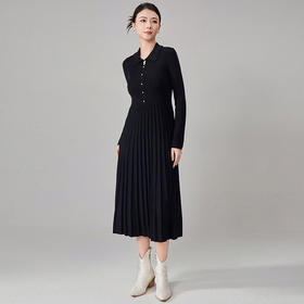 【hr】全新升级【铂金会员441/天猫599/差价158】(15533) 洛诗琳针织翻领百褶连衣裙女秋冬新款收腰显瘦中长款A字裙