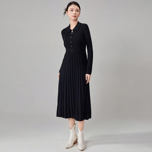 【hr】全新升级【铂金会员441/天猫599/差价158】(15533) 洛诗琳针织翻领百褶连衣裙女秋冬新款收腰显瘦中长款A字裙 商品图0