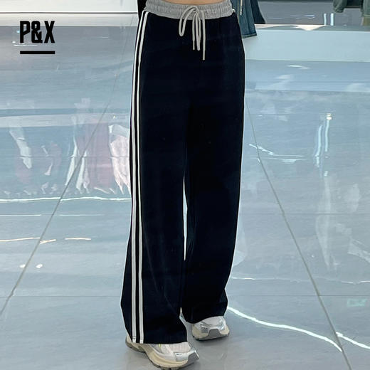 P&X春秋季美式运动裤女高腰垂感宽松直筒休闲卫裤 824309286 黑色 商品图1