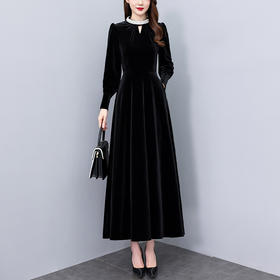 雀说赫本风金丝绒连衣裙新款立领镂空拼接胖mm显瘦小黑裙AL8877