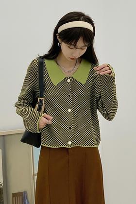 amadella 绿色棋盘格翻领针织外套 14364