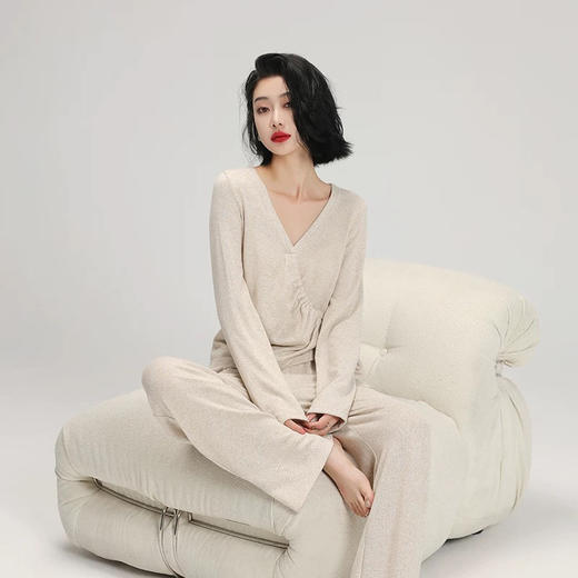 【顺丰包邮】99657洛诗琳仿兔毛绑带大V长袖长裤家居服两件套242040 商品图0