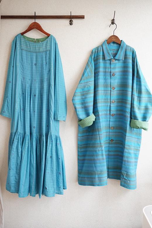 MAKU textiles｜羊毛棉湖蓝条纹长外套大衣 商品图6