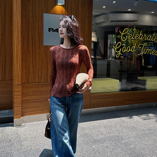 【顺丰包邮】10716 洛诗琳设计感内外拼色双层内搭镂空蕾丝打底衫1119 商品图1