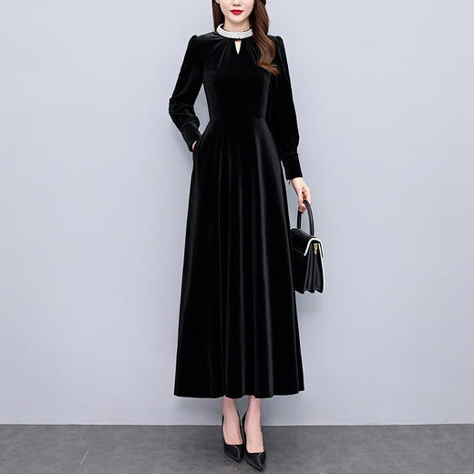 雀说赫本风金丝绒连衣裙新款立领镂空拼接胖mm显瘦小黑裙AL8877 商品图2