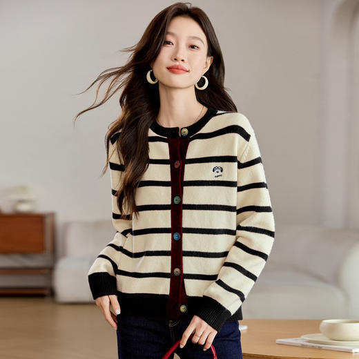 CC-QL-W8521圆领条纹毛衣开衫外套女2024春秋新款加厚宽松港风上衣女针织外搭 商品图3