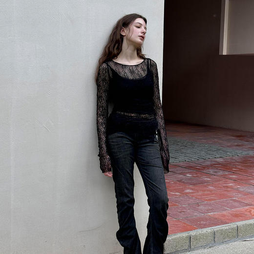 【顺丰包邮】10716 洛诗琳设计感内外拼色双层内搭镂空蕾丝打底衫1119 商品图4