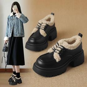ZHR则则厚底单鞋加绒保暖乐福鞋系带小皮鞋2024新款气质百搭女鞋