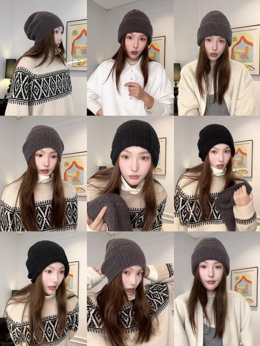 HIDEMI 【欧阳娜娜同款】进口澳毛强缩加厚弹力款多种戴法堆堆感冷帽 炭灰色|黑色 商品图2