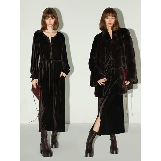 COCOBELLA静奢风丰盈天鹅绒长袖连衣裙质感丝绒礼服裙FR7088 商品图2