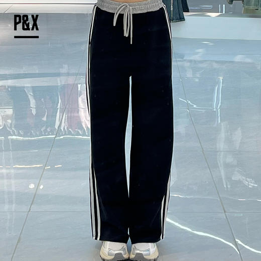 P&X春秋季美式运动裤女高腰垂感宽松直筒休闲卫裤 824309286 黑色 商品图2