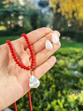 高含量朱砂圆珠长链+巴洛克珍珠吊坠、耳饰