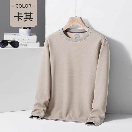 红览  绵羊毛蚕丝华夫格加绒圆领卫衣男士打底衫YL25 商品图1