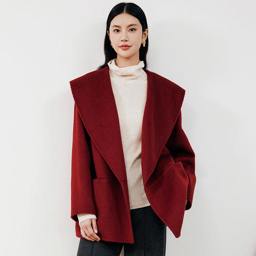 玳莎大翻领双面呢外套女秋冬新款气质通勤风宫墙红羊毛大衣  ED37311 商品图1