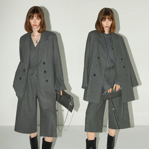 COCOBELLA格雷系假两件中长款羊毛大衣双排扣毛呢西装SI3036 商品图2