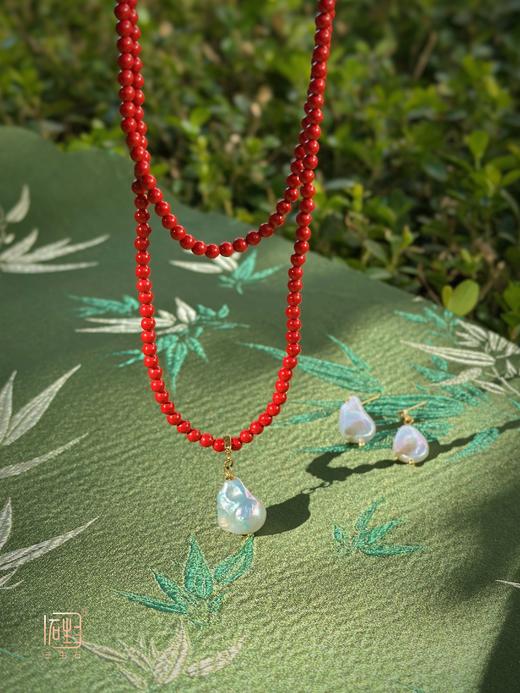 高含量朱砂圆珠长链+巴洛克珍珠吊坠、耳饰 商品图2