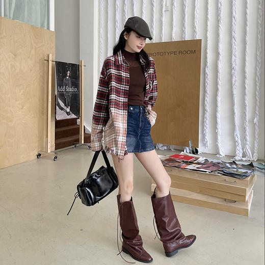 【顺丰包邮】01323 洛诗琳撞色格纹大口袋晕染水洗街头廓形衬衫495 商品图3